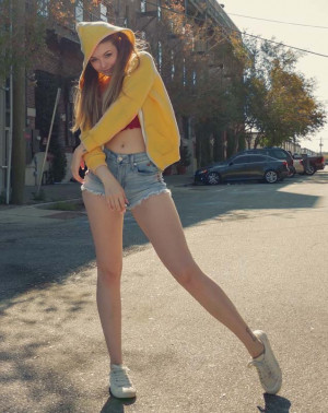 Lana Lea sexy teen, outdoor, denim shorts, ponytails